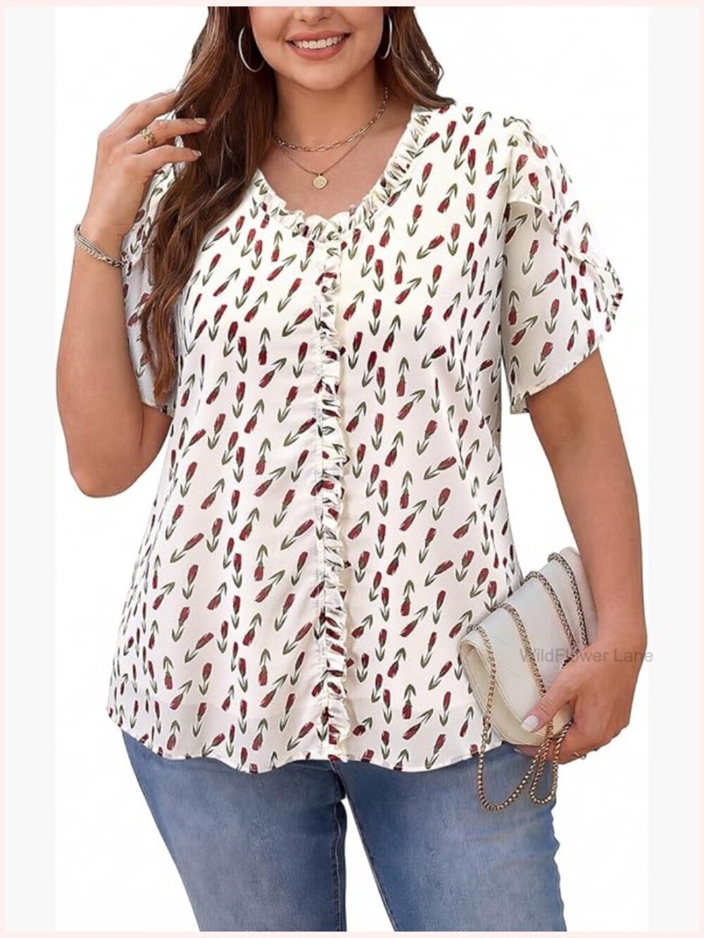 Plus Size Dressy Casual Tunic Top Short Sleeve V-Neck Ruffles Flowy Blouse